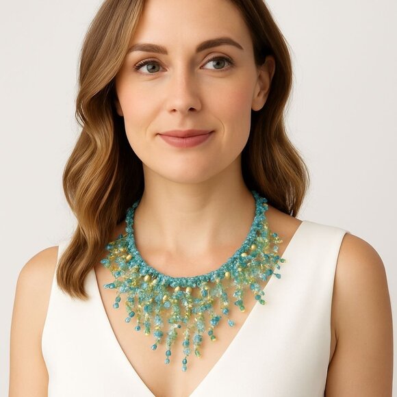 Ocean Inspired Multi Strand Beaded Necklace Aqua Green - Picture 6 of 6